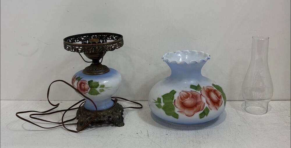Vintage Hand-Painted Rose Gone With The Wind Parlor Hurricane Lamp